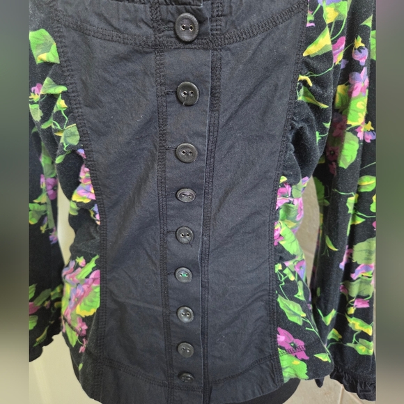 Betsey Johnson Vtg Punk Blk Button-Front Top Purple & Green Floral Panels Medium - Picture 3 of 8